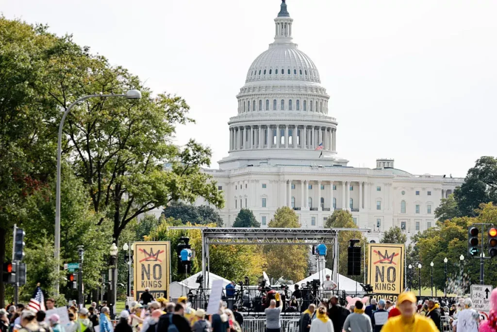 People protest in Washington, D.C. as part of the 'No Kings' rallies in Washington,