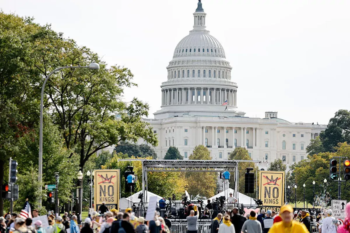 People protest in Washington, D.C. as part of the 'No Kings' rallies in Washington,